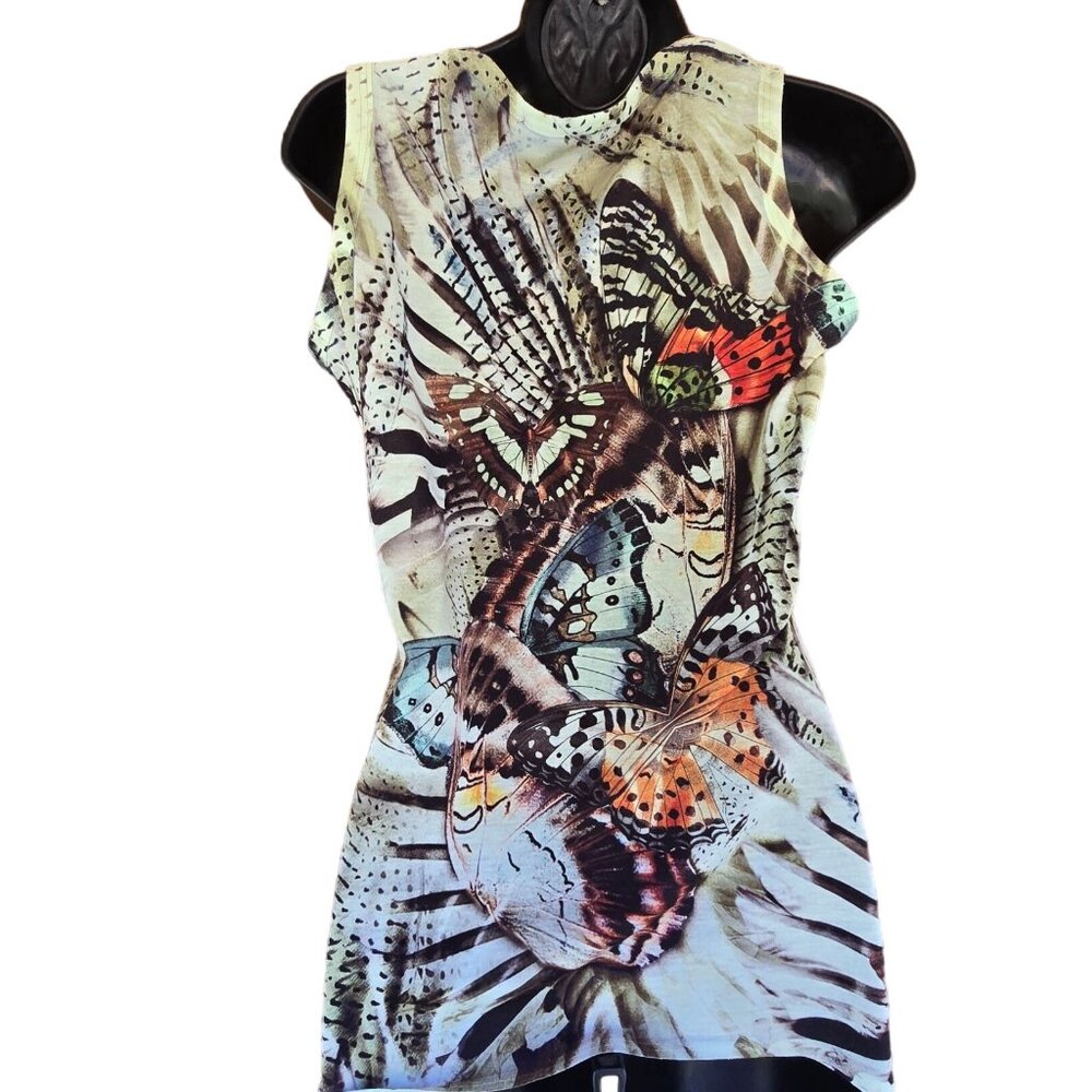 B.L.E.U Petite Butterfly Print Sleeveless Tunic Sequins Neckline‎ Art to wear